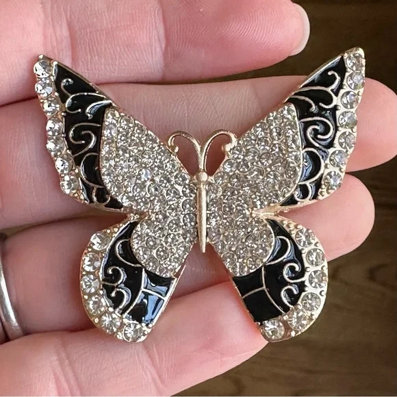Vintage Style Black Enamel & Rhinestone Butterfly Brooch | Gold Tone Pin | NEW - Picture 1 of 4
